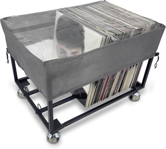 Vinyl Record Storage Holder on Wheels - with Dust Cover - Holds up to 100 LP - Album Holder Display Stand - Vinyl Record LP Storage Organizer - Sturdy Metal Structure(Smooth Black)…
