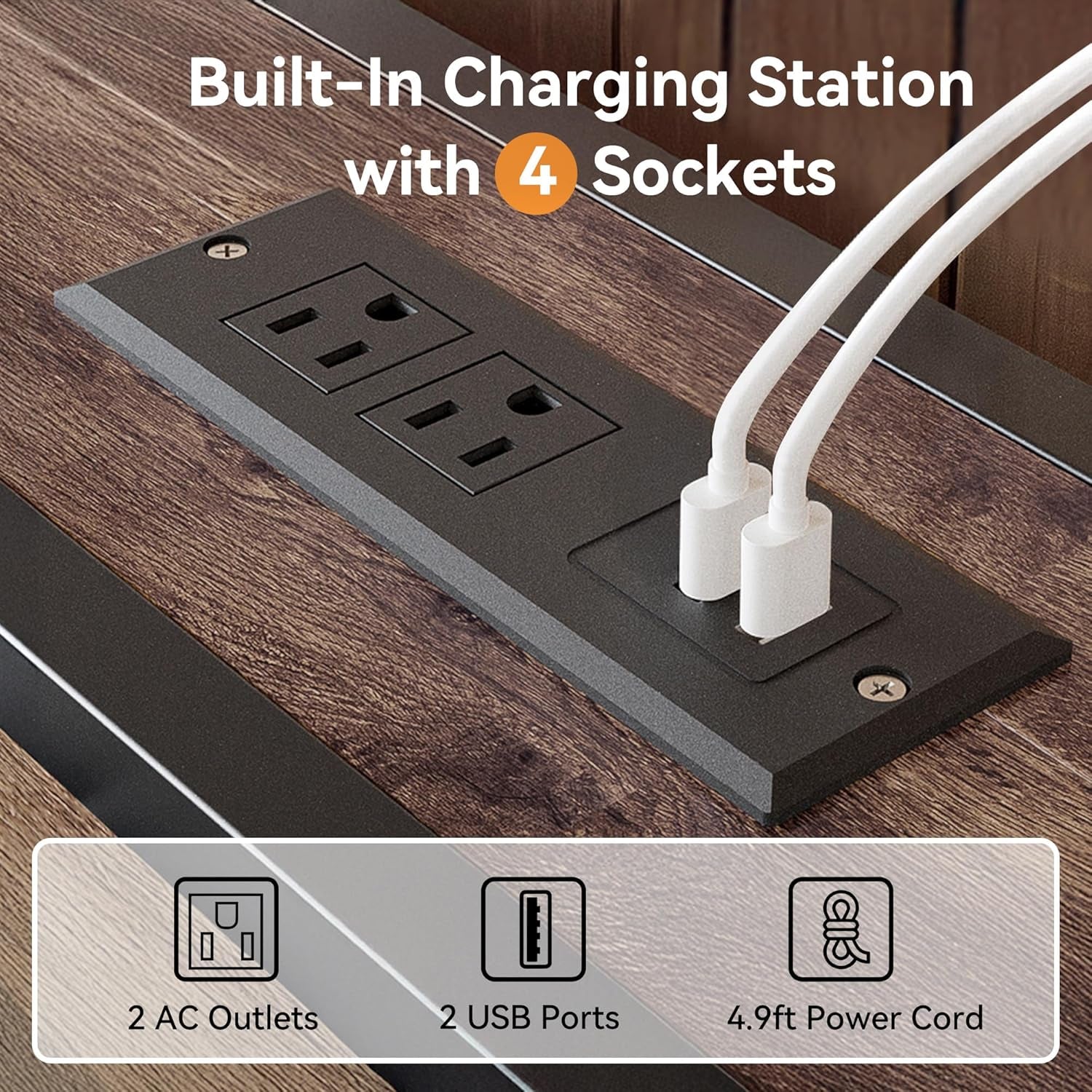 Queen Size Bed Frame with Storage Headboard, Sturdy Metal Platform Bed Frame with LED Lights and Charging Station, Easy Assembly, No Box Spring Needed, Noise Free, Rustic Brown