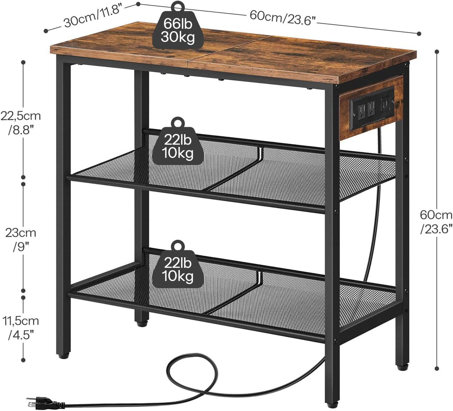 End Table, 3-Tier Narrow Side Table with Charging Station, Nightstand with 2 Flat or Slant Adjustable Shelves for Small Spaces, Living Room, Bedroom, Rustic Brown and Black BF23UBZ01G1