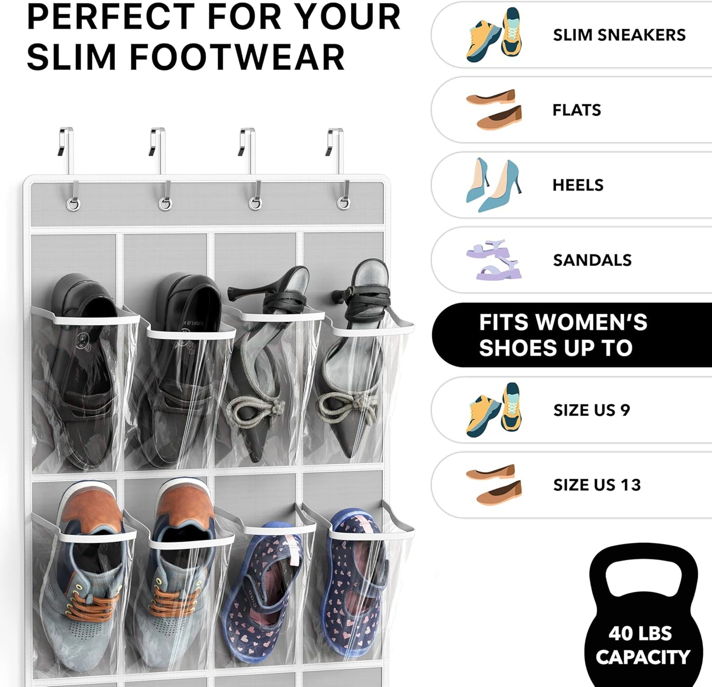 24 Pockets - Crystal Clear over the Door Hanging Shoe Organizer, Gray (64'' X 19'')