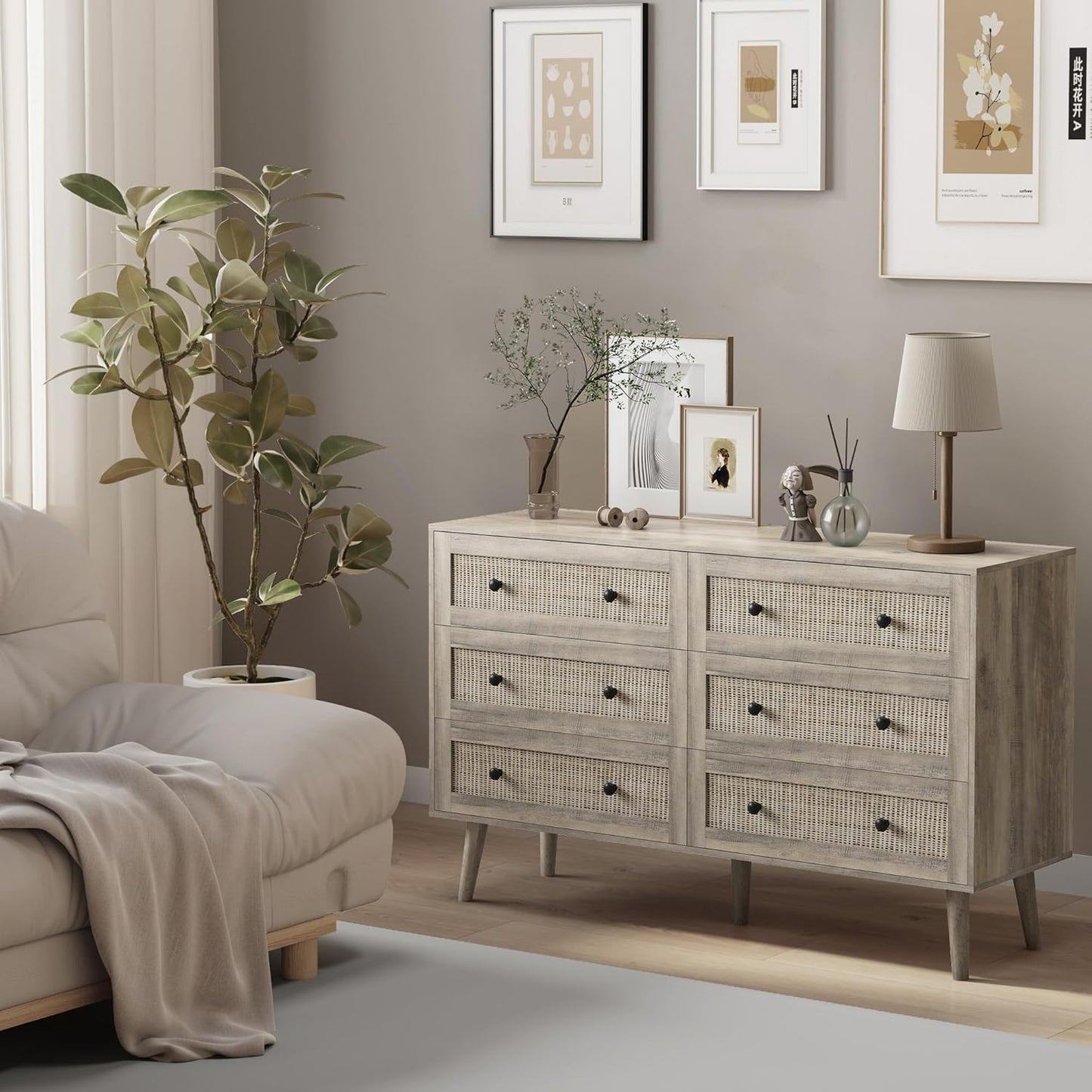 Dresser for Bedroom with 6 Drawer, Rattan Chest of Dressers, Wide Wood Double Dresser, Wooden TV Stand Closet Storage Furniture, Boho Small Clothes Organizer for Hallway, Living Room, Entryway, Grey