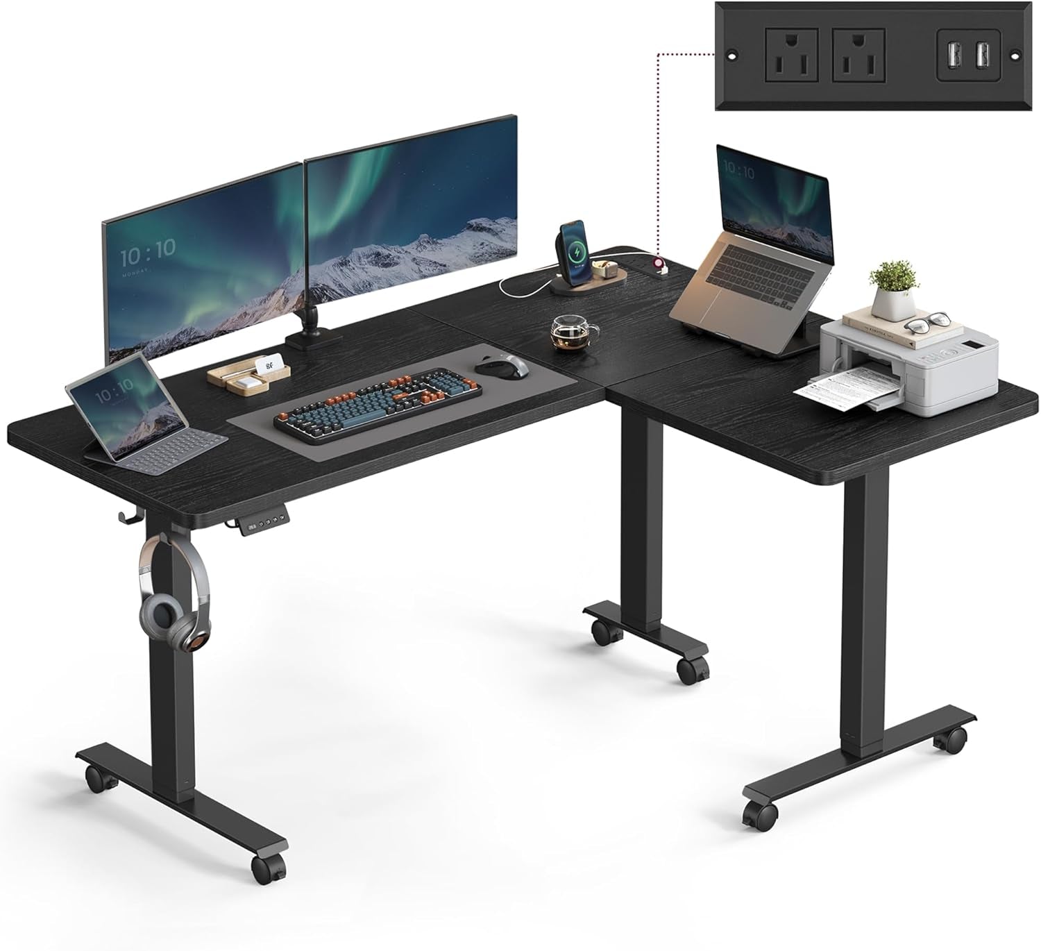 L Shaped Electric Standing Desk, 63 X 47.2 Inches, Height Adjustable Corner Desk with Power Outlets, 2 Memory Buttons, Easy to Assemble, for Home Office, Ink Black ULSD242B01