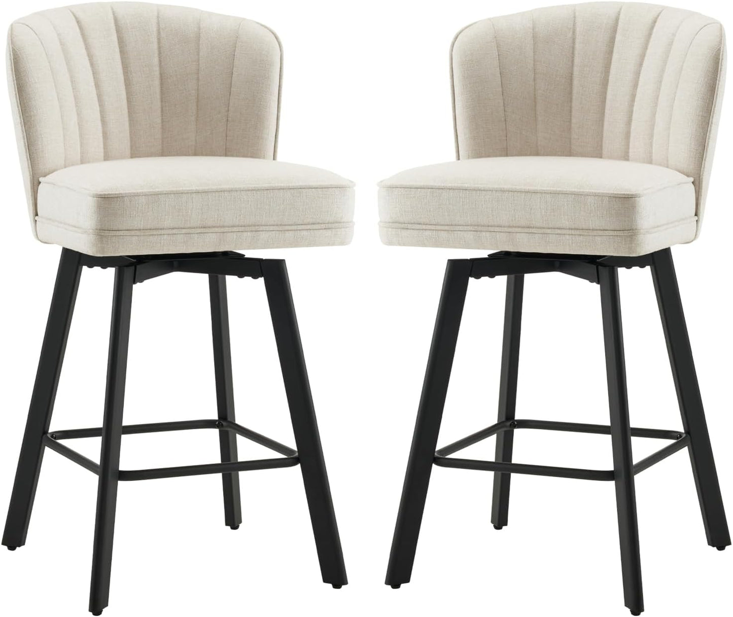 Swivel Counter Height Bar Stools Set of 2, 26'' Modern Barstools with Backs and Metal Legs, Upholstered Bar Chairs, Beige, Fabric Stools for Kitchen Island Chairs
