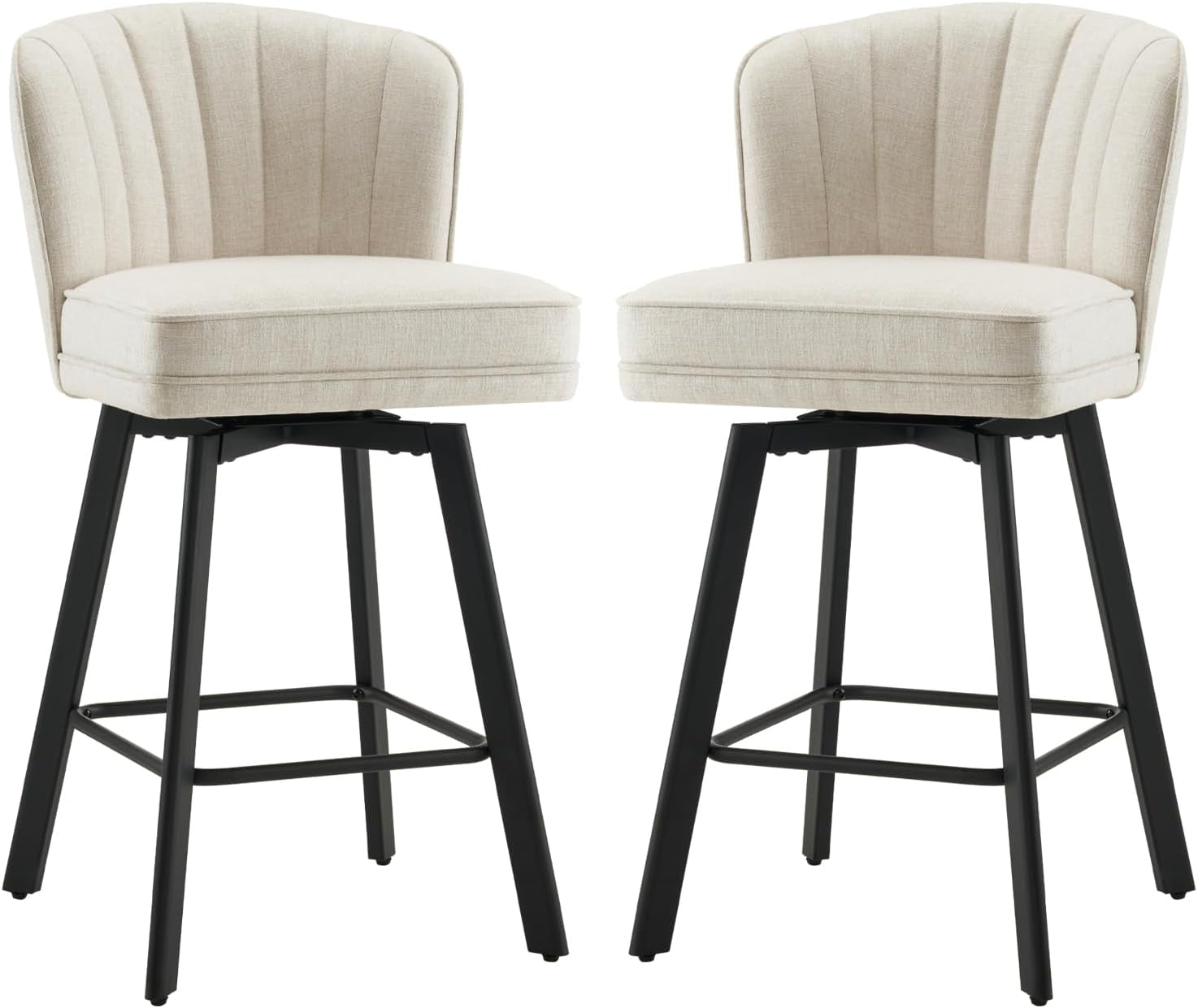 Swivel Counter Height Bar Stools Set of 2, 26'' Modern Barstools with Backs and Metal Legs, Upholstered Bar Chairs, Beige, Fabric Stools for Kitchen Island Chairs