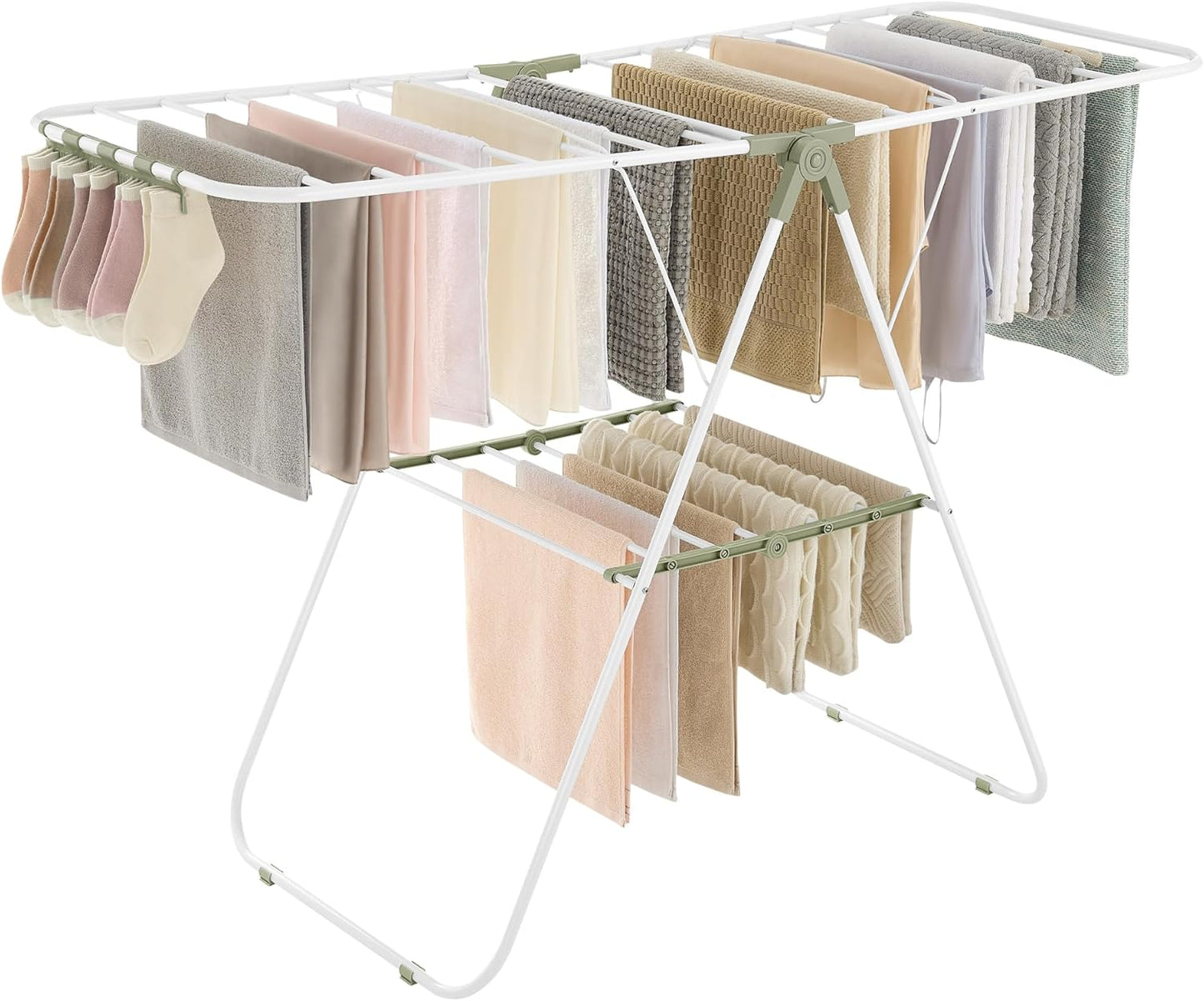 Clothes Drying Rack, with Sock Clips, Metal Laundry Rack, Foldable, Space-Saving, Free-Standing Airer, with 2 Height-Adjustable Gullwings, Indoor Outdoor Use, Silver and Blue ULLR52BU