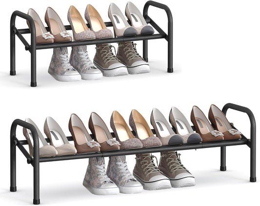 Expandable Shoe Rack, 1 Tier Shoe Rack Shelf, Adjustable Shoe Organizer Storage for 10 Pairs of Shoes, Metal Free Standing Shoe Racks for Closet, Front Door Entryway, Easy Assembly, Ink Black