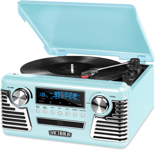 Haley Retro Bluetooth Record Player & Multimedia Center with Built-In Speakers - 3-Speed Turntable, CD Player, AM/FM Radio, 3.5Mm Aux-In, Wireless Music Streaming, Teal
