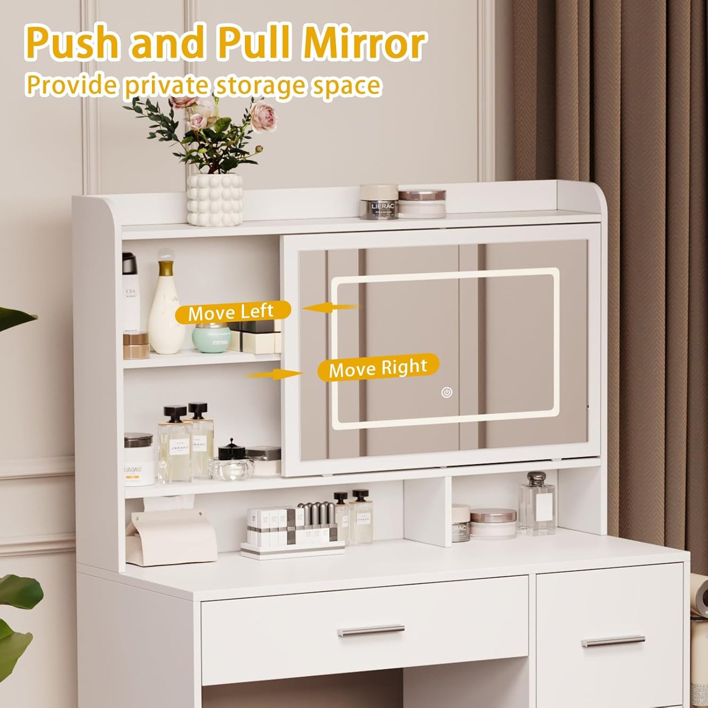 Vanity Desk with a Mirror and Lights，With Chair and Four Drawers, Three Adjustable Lighting Modes，With Power Outlet and Sliding LED Mirror,Bedroom Vanity Desk (White)