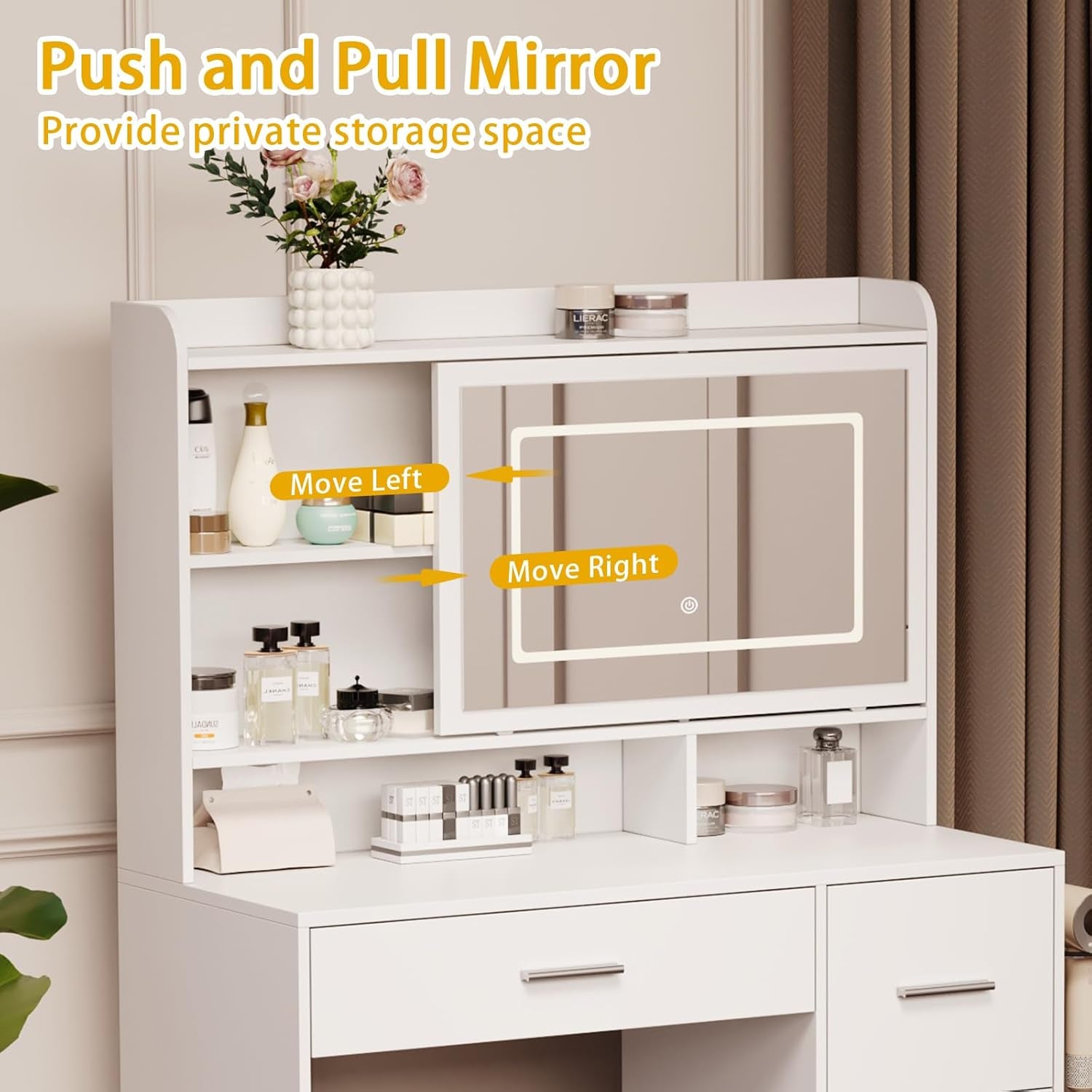 Vanity Desk with a Mirror and Lights，With Chair and Four Drawers, Three Adjustable Lighting Modes，With Power Outlet and Sliding LED Mirror,Bedroom Vanity Desk (White)