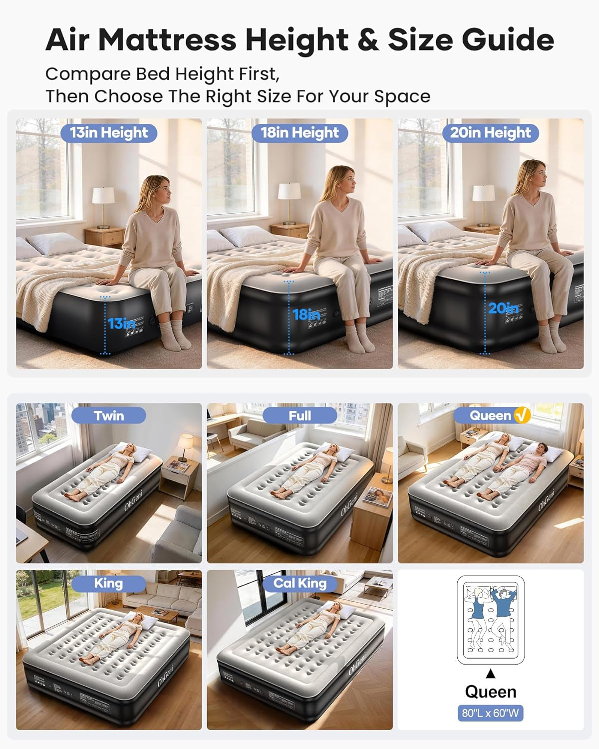 Air Mattress Queen with Built in Pump, 18" Raised Inflatable Blow up Mattress, Upgraded Surface Portable Bed for Home, Camping, Colchone Inflable, Ideal Alternative to a Bed, 1-Pack Only