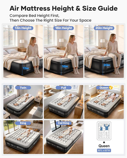 Air Mattress Queen with Built in Pump, 18" Raised Inflatable Blow up Mattress, Upgraded Surface Portable Bed for Home, Camping, Colchone Inflable, Ideal Alternative to a Bed, 1-Pack Only