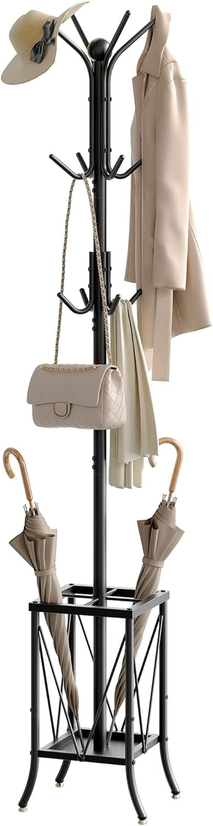 Coat Rack Freestanding, Coat Rack with Umbrella Holder, Entryway Hanger Stand With12 Hooks, Metal Hall Tree for Bags, Coats, Hats, Entryway, Hallway, Living Room, Bedroom, Office Black TYM01BB