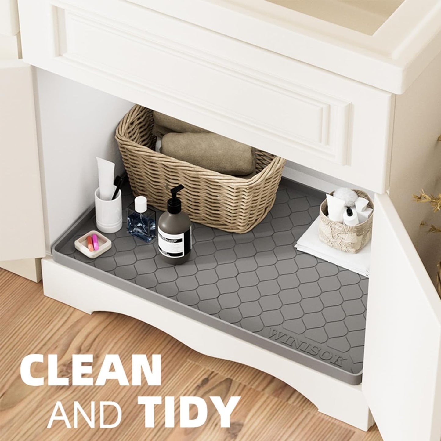 Silicone under Sink Mat 34" X 22", Kitchen Essentials and Gadgets, Shelf Liner and Cabinet Protector, Home Organizers and Storage, Waterproof Bathroom Tray