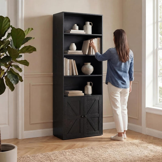 Farmhouse Bookshelf and Bookcase with Doors, Industrial Bookshelves and Bookcases Floor Standing Display 6-Tier Shelf Storage Shelves 71.5 Inchs for Home Office, Living Room, Black, 1 PCS