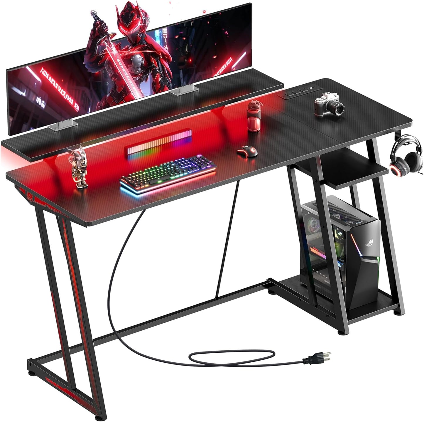47-Inch Gaming Desk with LED Lights & Power Outlets|Carbon Fiber Gaming Table with Monitor Stand & Adjustable Storage Shelves|Rgb Ergonomic Gamer Desk, Esports & Streaming, Black