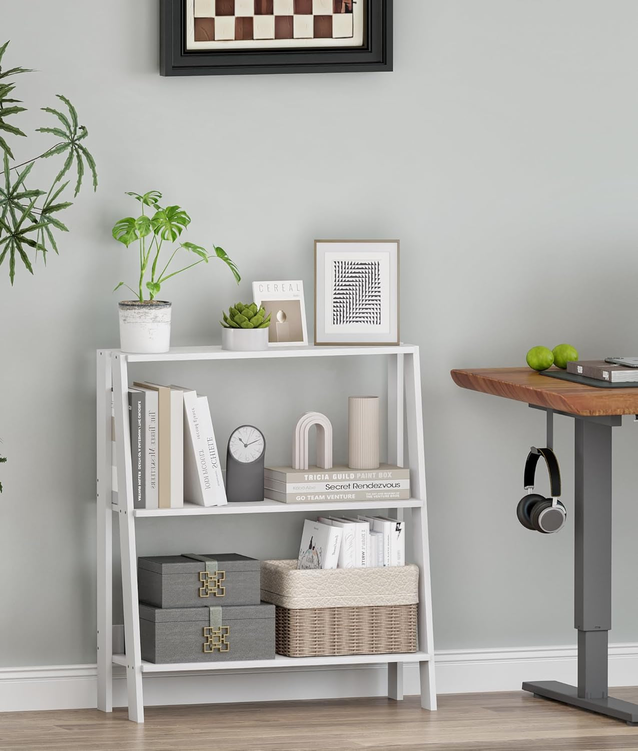 3-Tier Ladder Bookshelf, Bathroom Shelf Freestanding, Small Bookshelf with Storage, Display Stand for Home Office, Living Room, Kitchen, Bedroom, Bathroom, White