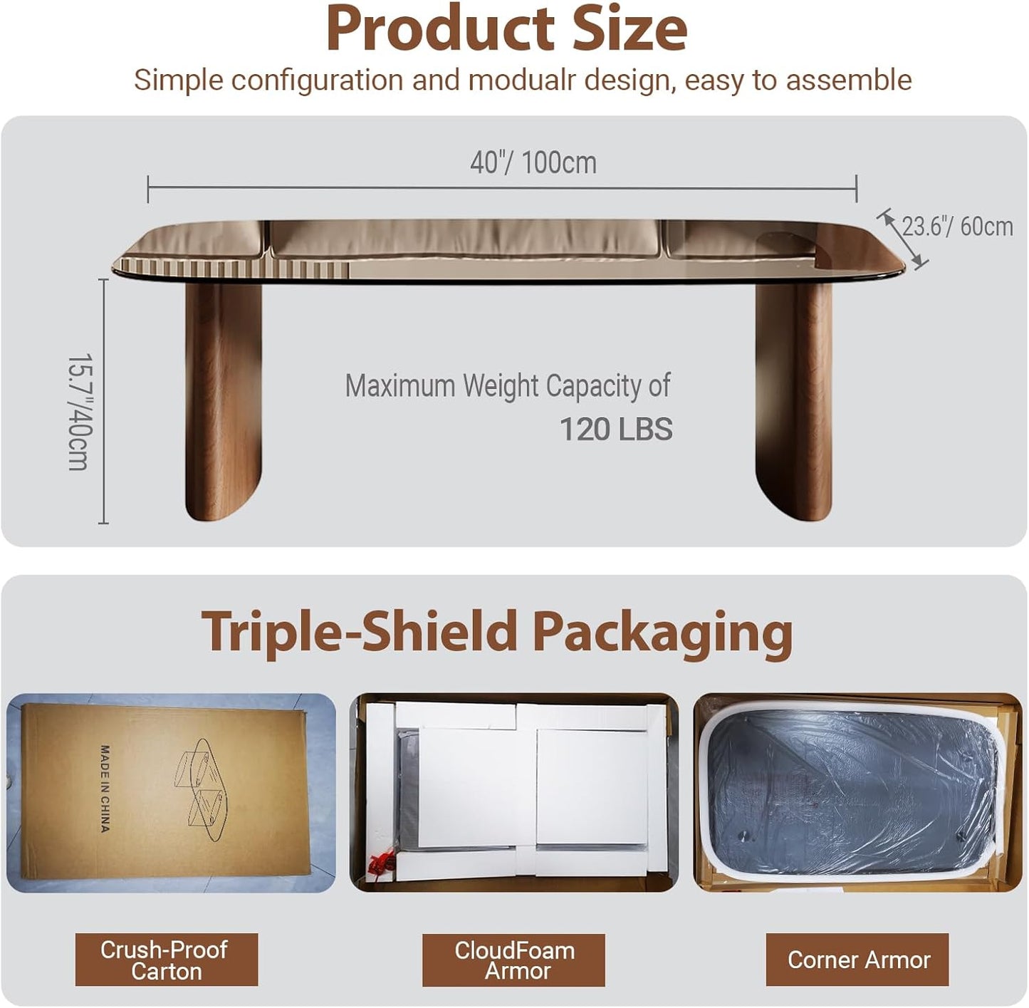 Modern Glass Coffee Table, Coffee Table for Living Room,Tempered Glass-Top with Sturdy Wooden Base, Modern Coffee Tables for Small Space, Apartment, Office, Minimalist Design (Walnut)