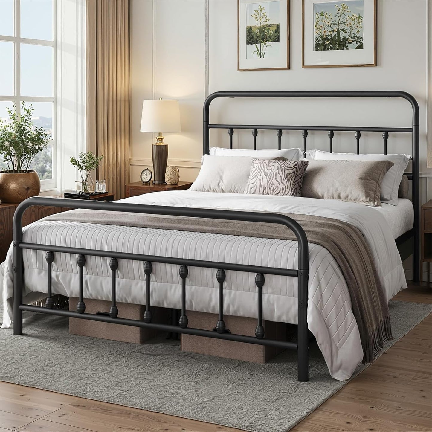 Queen Bed Frame-Classic Metal Platform Bed Frame Mattress Foundation with Victorian Style Iron-Art Headboard/Footboard/Storage Space/No Box Spring Needed/Black