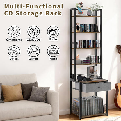 CD Storage Rack, 6-Tier DVD Organizer Shelf with Drawer & Adjustable Book Stoppers, Vinyl Record Holder &Multi-Purpose Media Organizer, Ideal for Living Room/Home Office,15.7X11.8X64.3Inch