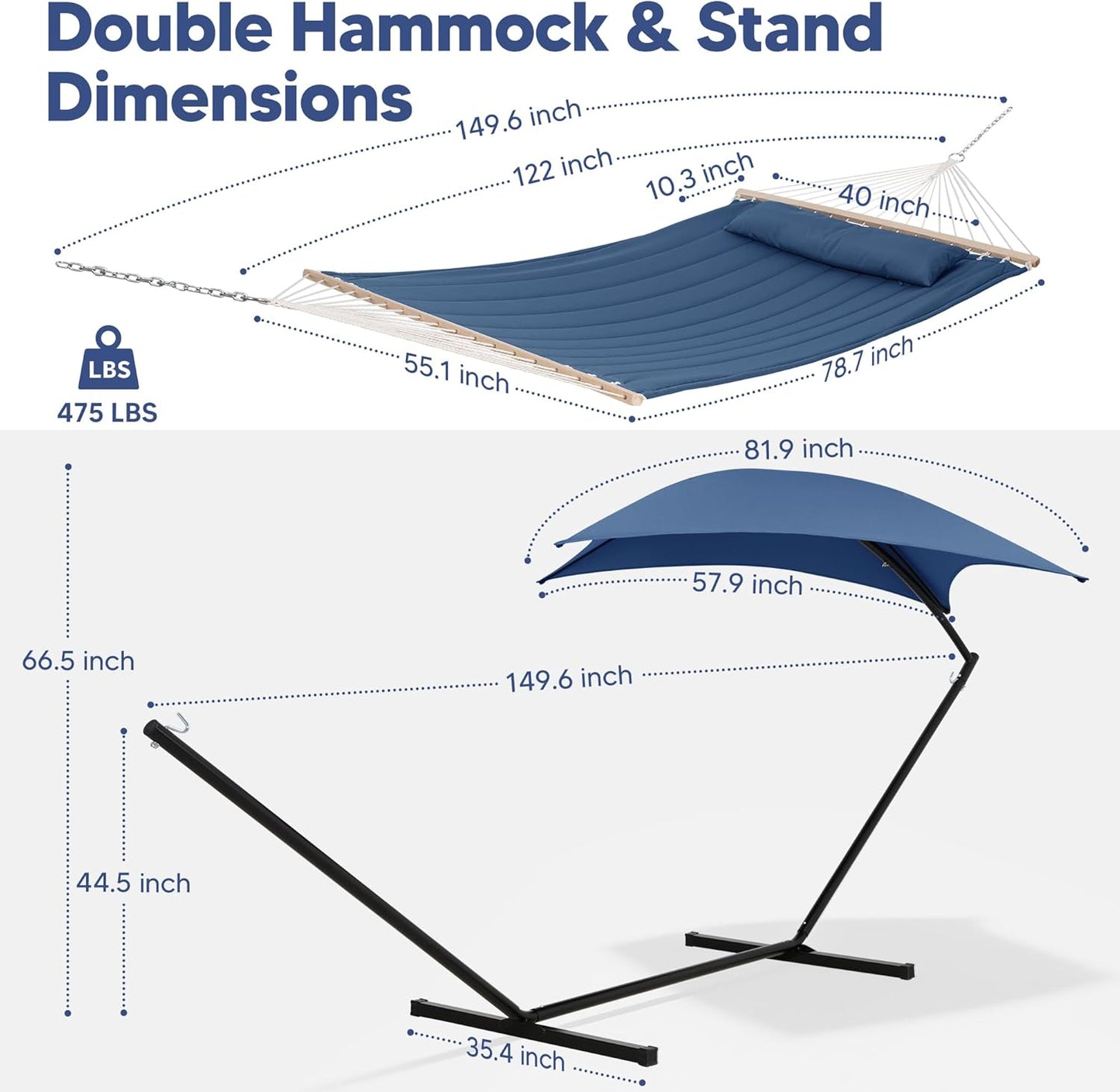 Hammocks for outside with Stand, Sunshade, Porch Hammock and Stand, 475 Lbs Capacity, Patent Pending, Navy
