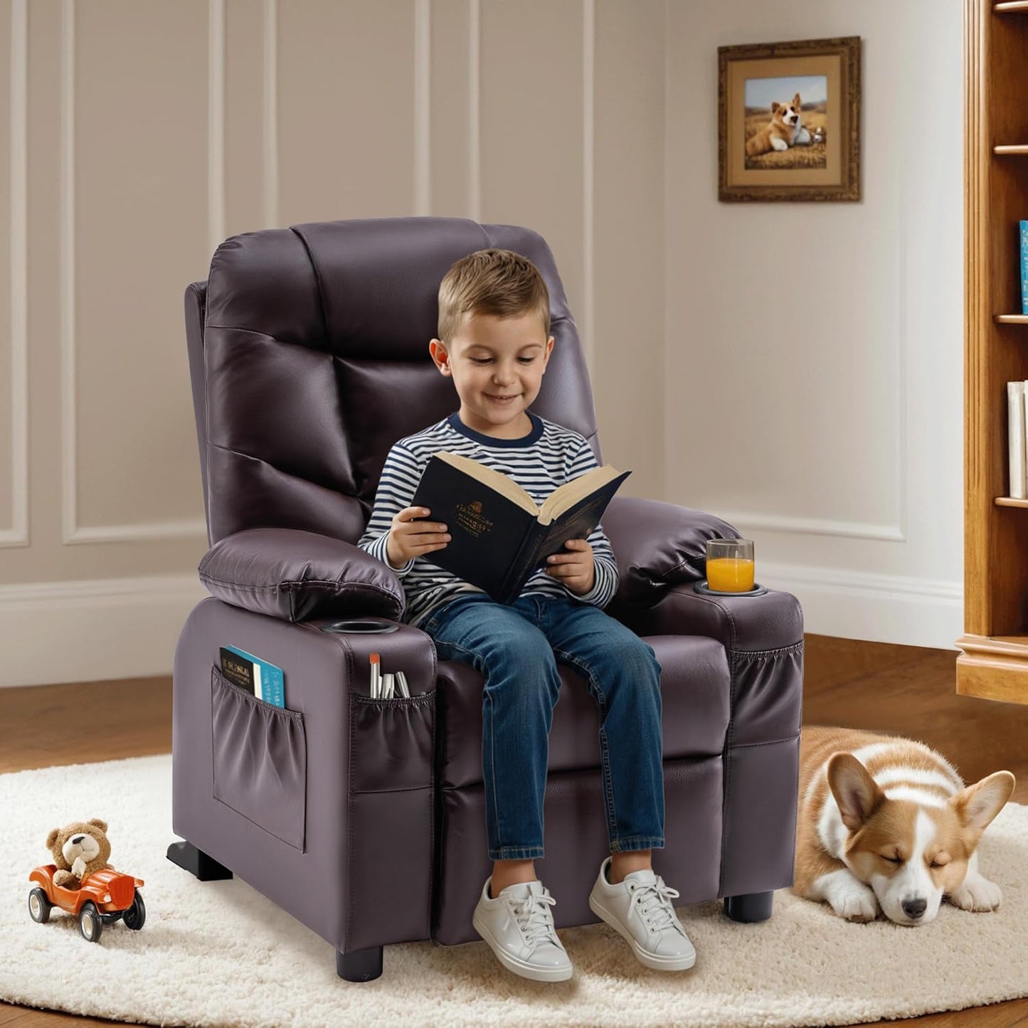 Big Kids Recliner for Ages 3+, Child Reclining Chair, Toddlers Recliner Sofa with Cup Holders (Faux Leather, Dark Brown)
