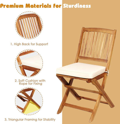 3-Piece Acacia Wood Folding Patio Bistro Set, Small Outdoor Balcony Furniture, round Coffee Table and 2 Chairs with Soft Cushions, Teak Table Set for Porch, Backyard, Deck (Cream White)
