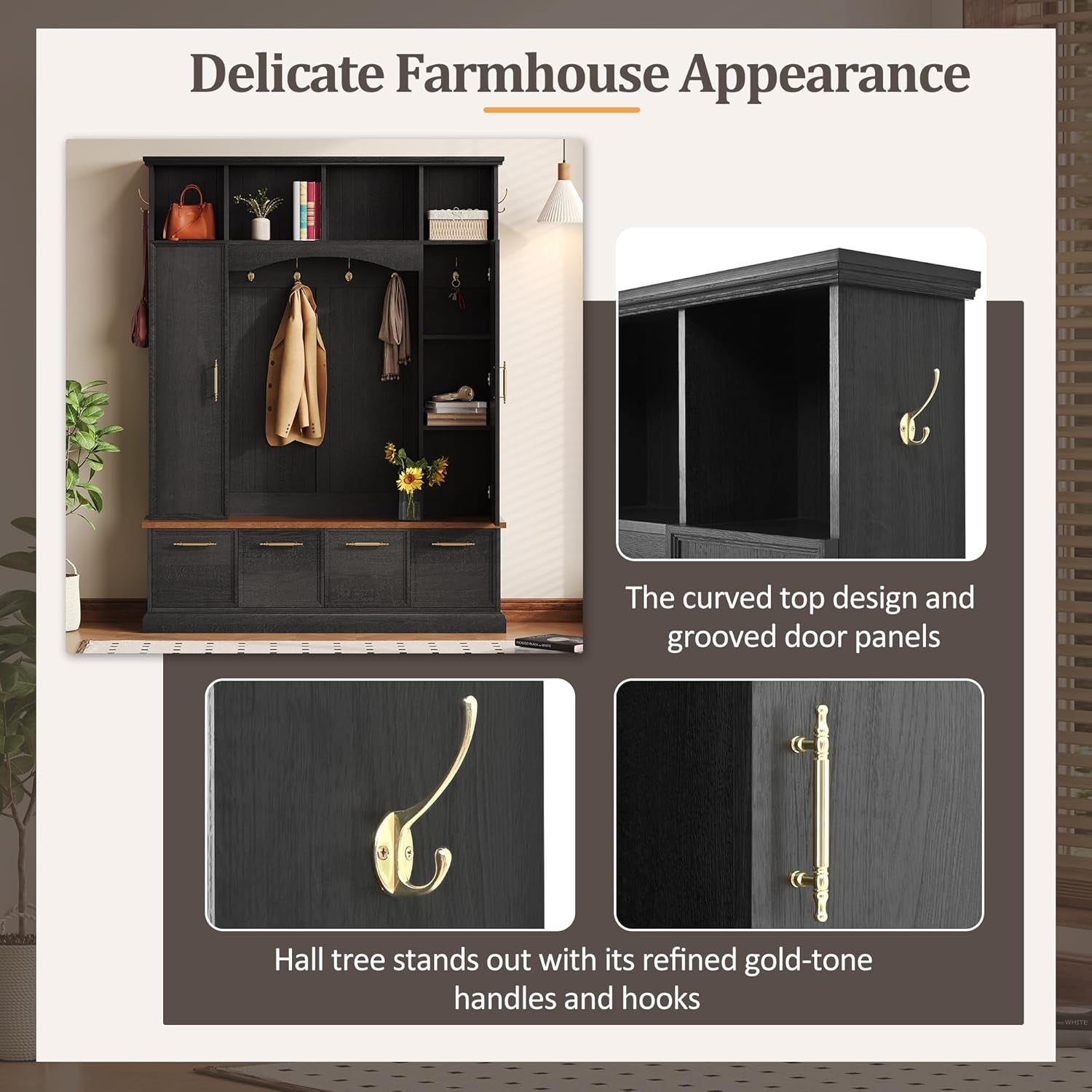 59" Farmhouse Hall Tree with Golden Hooks & Walnut Bench, Entryway Organizer with Adjustable Shelves, Shoe Storage, Anti-Tip for Mudroom, Living Room, Black