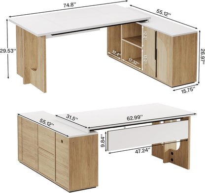 74.8 Inch Executive Desk, Large Office Desk with Cabinet, L Shaped Computer Desk with Shelves and CPU Storage, Modern Home Office Desks Business Furniture Workstation Set, White and Wood