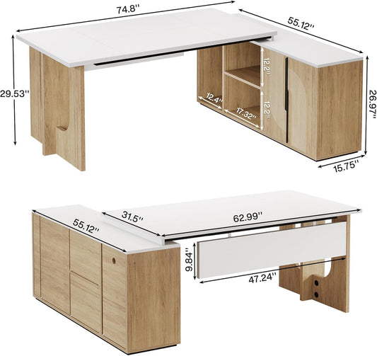 74.8 Inch Executive Desk, Large Office Desk with Cabinet, L Shaped Computer Desk with Shelves and CPU Storage, Modern Home Office Desks Business Furniture Workstation Set, White and Wood