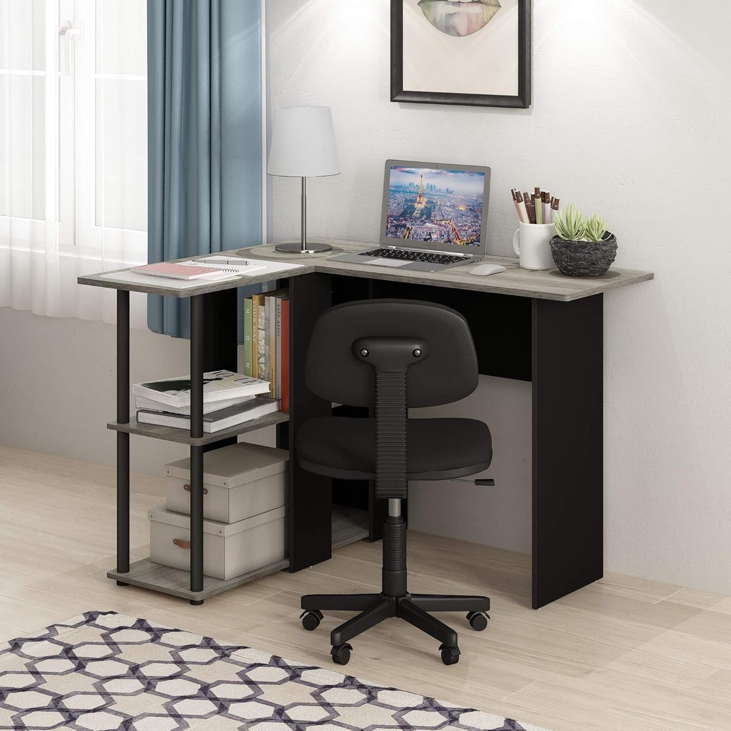 Abbott L-Shape Computer Desk with Bookshelf, French Oak Grey/Black