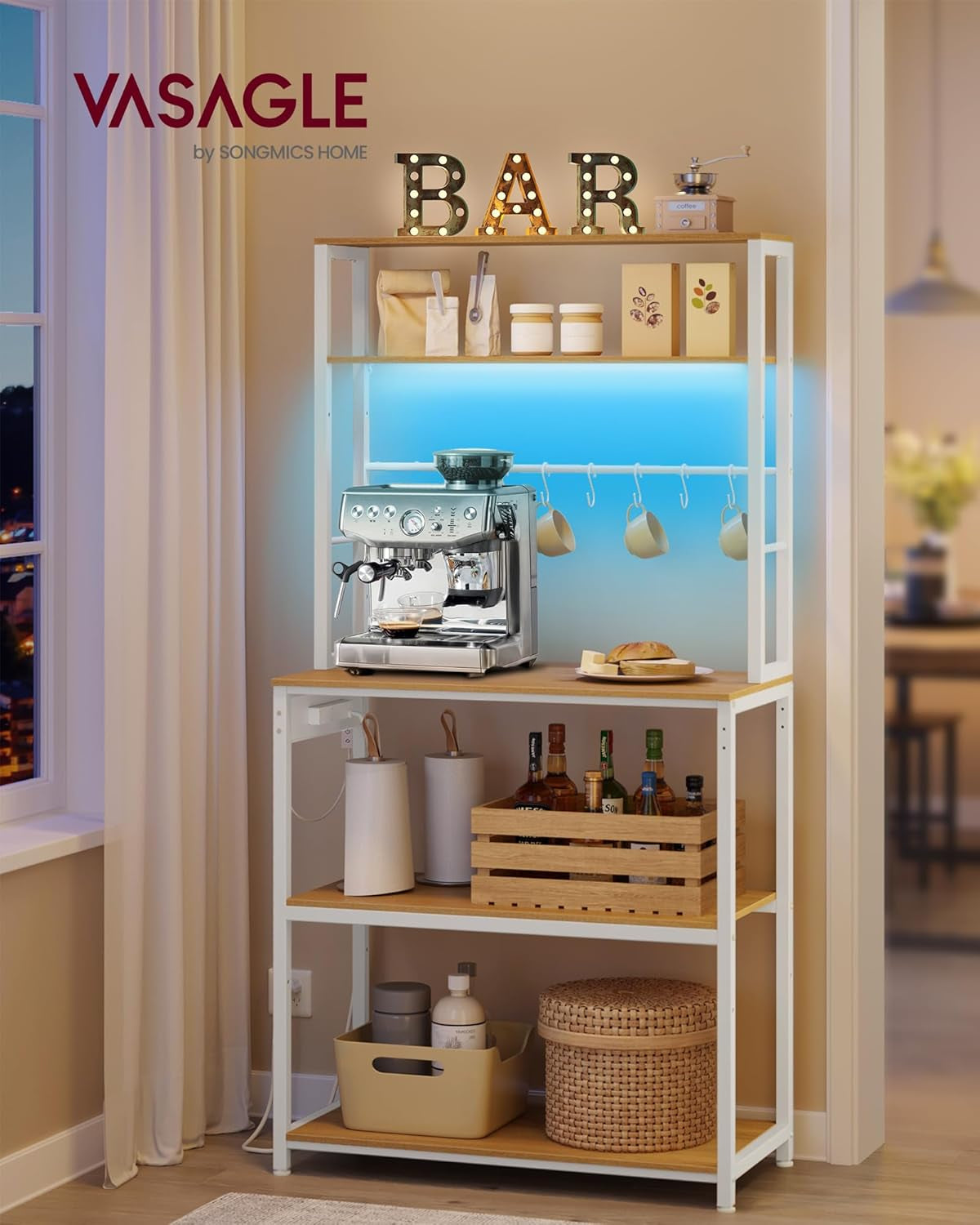 Coffee Bar with LED Lights, Kitchen Bakers Rack with Power Outlet, Microwave Stand with Adjustable Shelves, 8 Hooks, 15.7 X 31.5 X 65.7 Inches, Golden Oak and Matte White UKKS050Y01