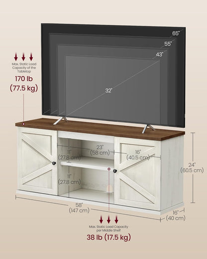 Farmhouse TV Stand for Tvs up to 65 Inches, Entertainment Center with Storage Cabinets and Sliding Barn Doors, Media Console Table for Living Room, Rustic White and Honey Brown ULTV535W01