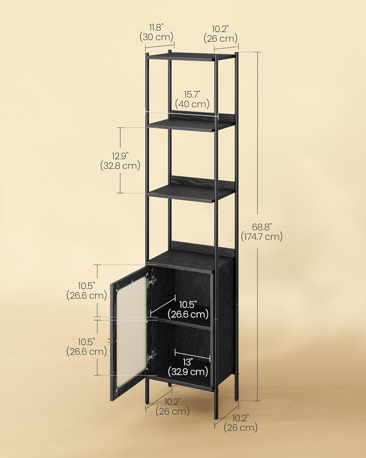 6-Tier Bookcase, Slim Bookshelf with PC Door, Freestanding Storage Shelf with Metal Frame, Adjustable Shelf, for Living Room, Ebony Black and Matte Black ULLS123B56