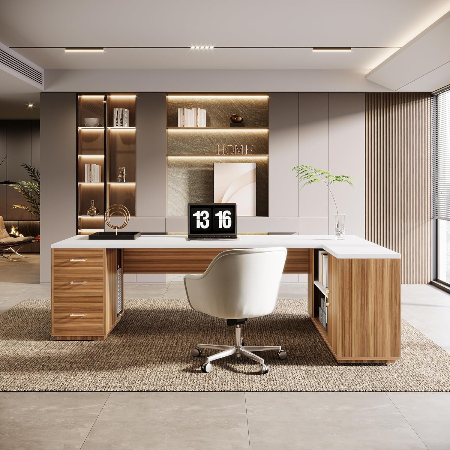 85.8-Inch L-Shaped Executive Office Desk with File Drawers & Storage Cabinet, Professional Corner Computer Desk Extra Large Business Workstation with Adjustable Shelves (White&Walnut)