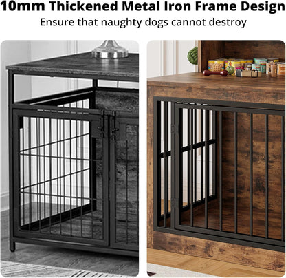 Extra Large Dog Crate Furniture, 43.3 Inches Wooden Dog Crate with Storage and 4 Hooks, Heavy Duty Pet Crate for Large Dog, Decorative Pet Cage for Indoor (30" L X 43.3" W X 41.1" H)