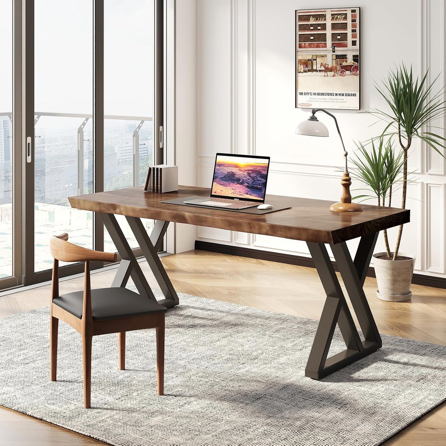 Solid Wood Desk 55 Inches, Home Office Computer Desk Wooden Rustic Writing Desk Metal Modern Simple Design Executive Real Wood Desk(Rustic Brown)