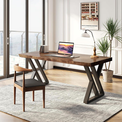 Solid Wood Desk 55 Inches, Home Office Computer Desk Wooden Rustic Writing Desk Metal Modern Simple Design Executive Real Wood Desk(Rustic Brown)
