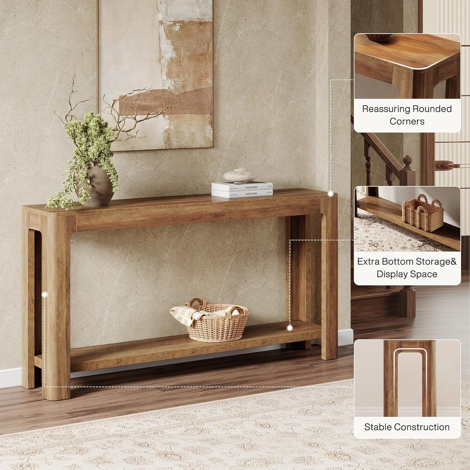 63 Inch Entryway Console Table, 2-Tier Farmhouse Narrow Sofa Table behind Couch, Accent Entrance Console Furniture for Entryway, Foyer, Hallway, Rustic Brown