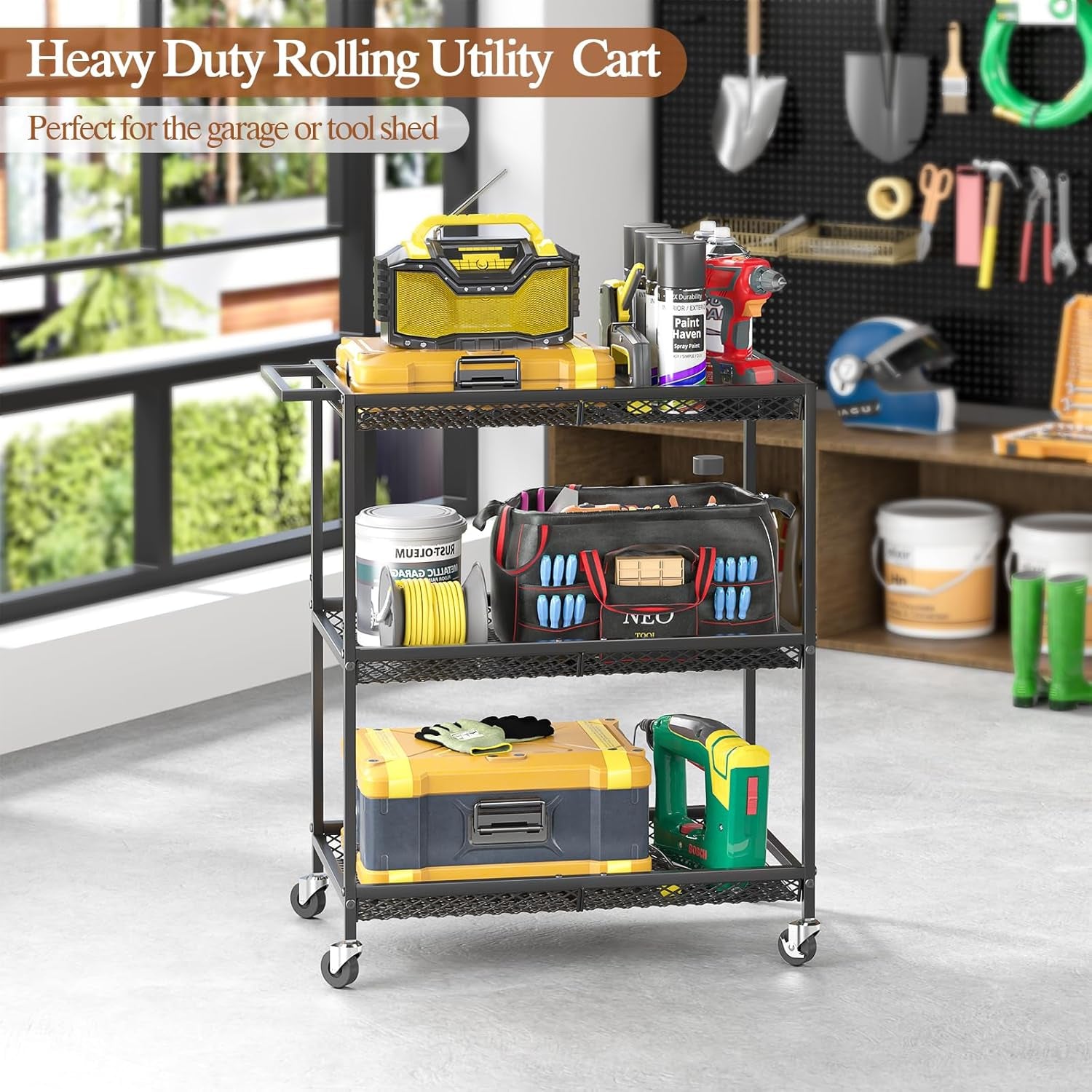 3 Tier Rolling Utility Kitchen Cart, Heavy Duty Wire Rolling Cart on Wheels, Commercial Metal Serving Carts with Handle, Kitchen Island Plant Shelf Food Storage Trolley for Laundry, Office, Garage