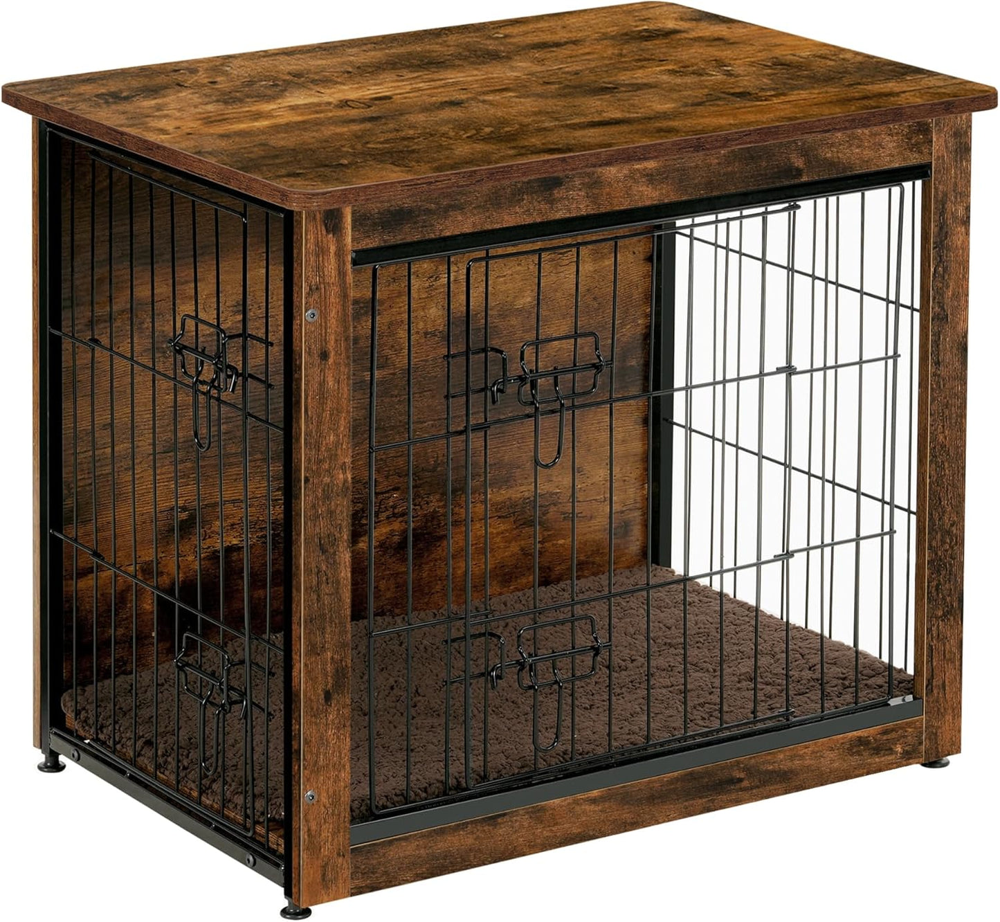 Dog Crate Furniture with Cushion, Wooden Kennel Table with Double Doors, Indoor Dog House, Small/Medium/Large/Extra Large Size, 27.2" L, Rustic Brown