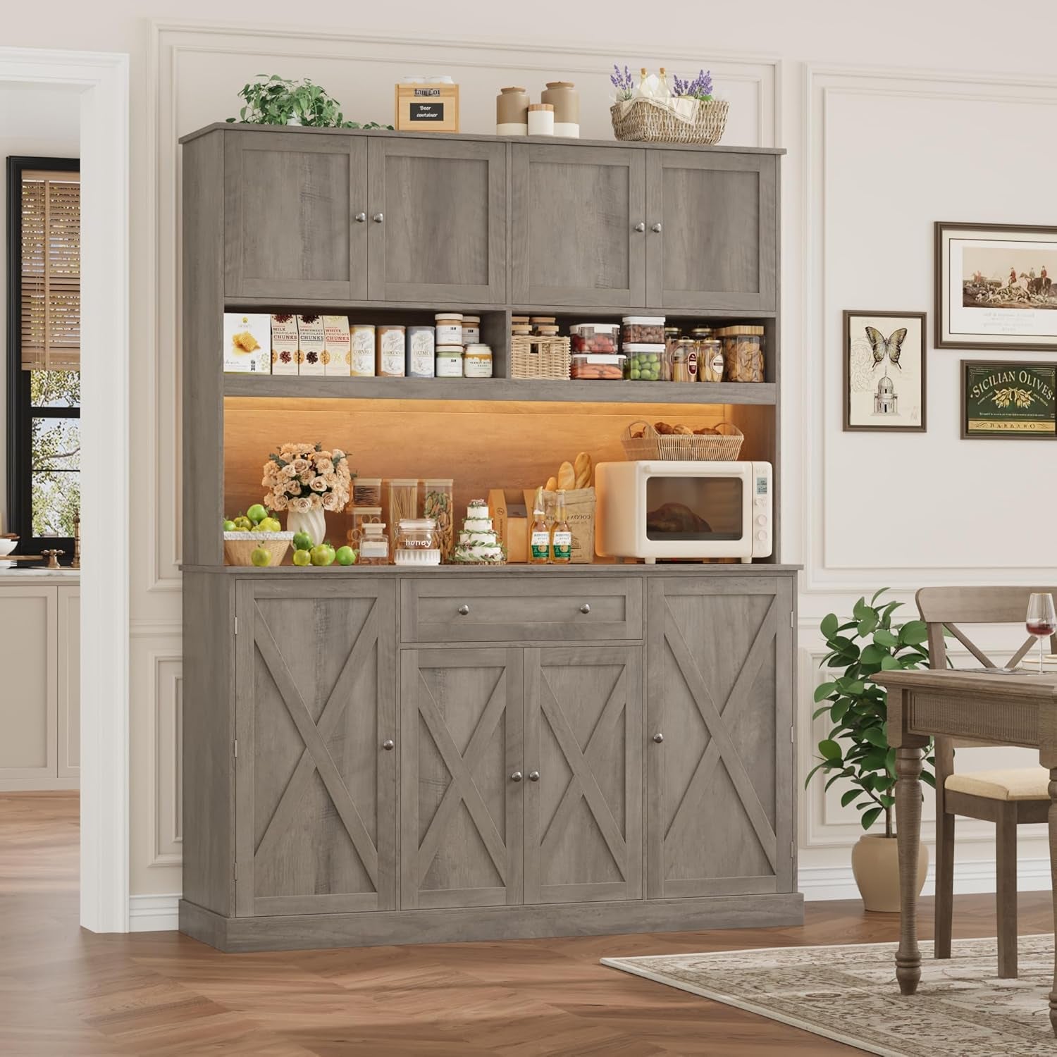 72.8” Tall Kitchen Pantry Cabinet with LED & Charging Station, 55” Wide Farmhouse Pantry Storage Cabinet with Microwave Stand&Shelves&Barn Doors, Kitchen Hutch Coffee Bar for Living Room, Grey