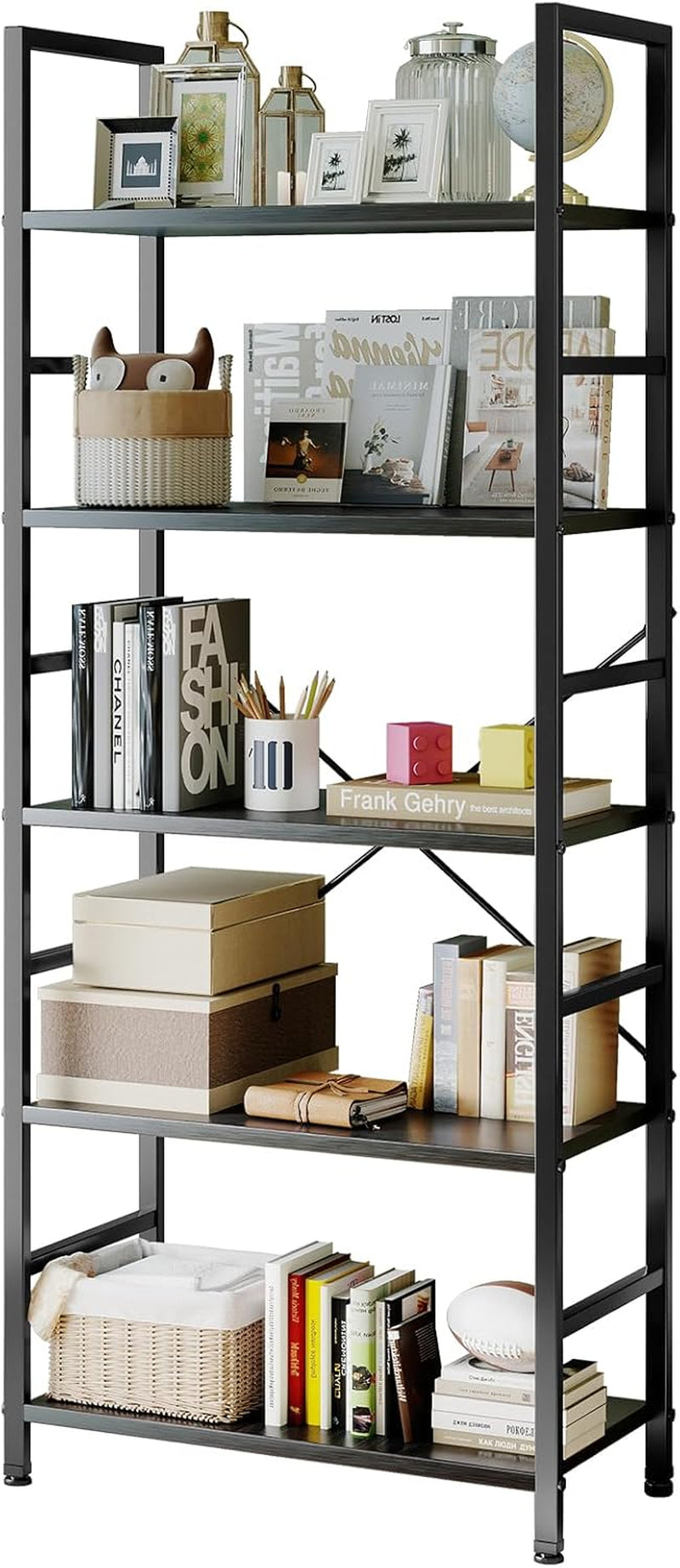 Book Shelf, 5 Tier Bookcase, Modern Tall Bookshelf for Garage Kit, Cds, Movies, Industrial Corner Storage Organizer for Bedroom Home Office Kitchen Living Room, Black