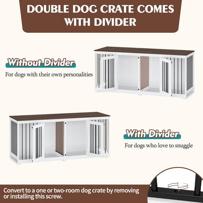 70.9" Large Double Dog Crate Furniture, Wooden Dog Kennel House with Divider & 2 Trays, for Large or 2 Medium Breeds Indoor, White