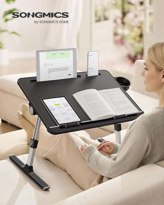 Bed Laptop Desk, Foldable Bed Desk for Laptop, 15.7 X 22 Inches Large Desktop, 120° Stepless Tilt, Adjustable Height, Cup Holder, Tray, Portable Bed Sofa Table, Ink Black ULLD113BC01