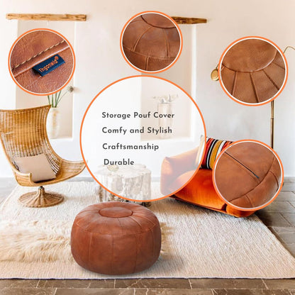 Unstuffed Moroccan Storage Pouf Foot Stool Ottoman Seat Handmade Faux Leather Bean Bag Floor Chair Foot Rest for Living Room, Bedroom or Balcony (Light Brown)