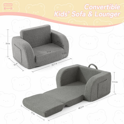 Kids Couch, 2-In-1 Toddler Chairs Comfy 1-3 Years Old, Toddler Couches That Fold Out, Toddlers Sofa for Girls and Boys, Convertible Kids Sofa to Lounge Chair for Playing, Reading, Napping, Grey