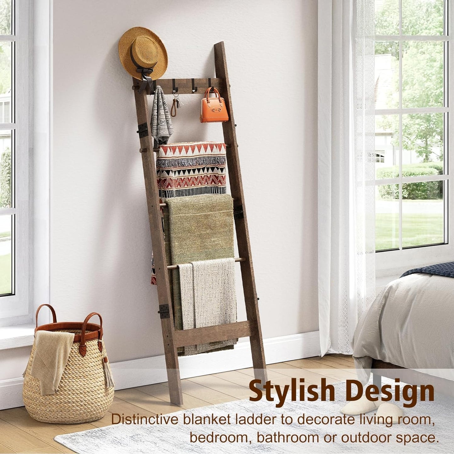 5-Tier Bamboo Ladder Shelf, Farmhouse Style Blanket Ladder, Rustic Decorative Ladder with 4 Removable Hooks, Brown