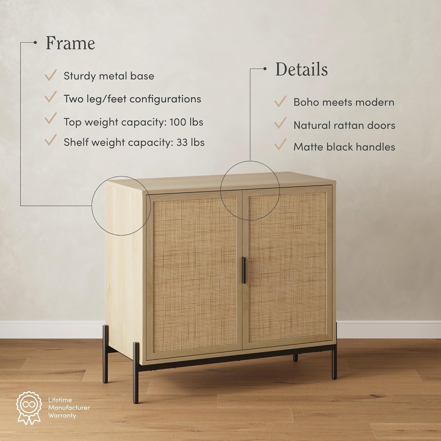Andrew Bohemian Entryway Storage Cabinet or Kitchen Sideboard Credenza, Rattan Accent Cabinet with Metal Legs, Light Oak/Matte Black