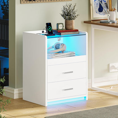 White Nightstand with Charging Station and LED Lights, 2 Drawers LED Night Stand with Tempered Glass Tabletop, Modern End Side Tables with Pull-Out Tray, Open Storage Bedside Tables