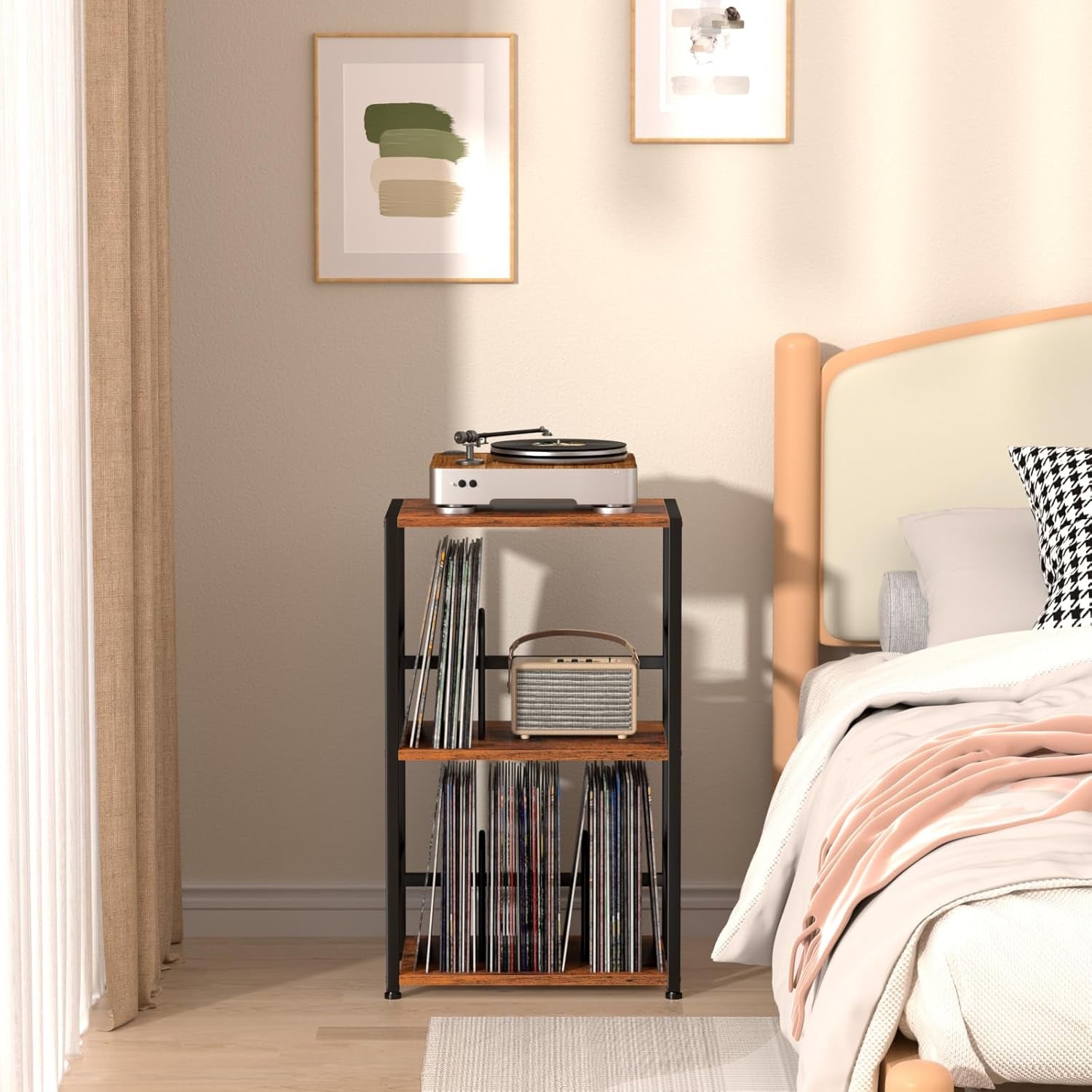 Record Player Stand, Vinyl Record Storage up to 200 Albums, 3 Tier End Table with Removable Dividers, Tall Side Table for Living Room, Bedroom, Rustic Brown, HETCD010BR-1